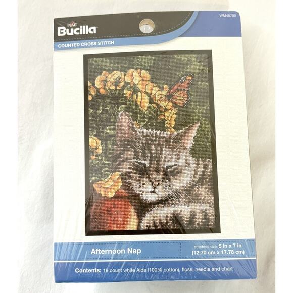Bucilla Kitty Cat Counted Cross Stitch Kit #WM45700 Afternoon Nap 5" x 7" NIP - Picture 1 of 2